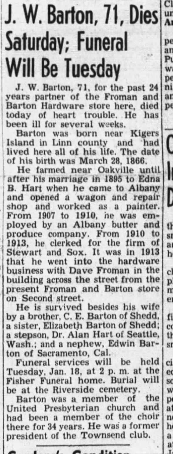 obit for J. W. Barton